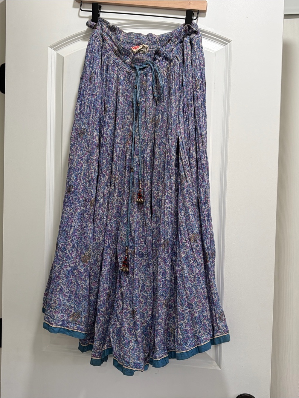 Vintage Made in India 100% Cotton Floral Crinkle Maxi Skirt with Tassels